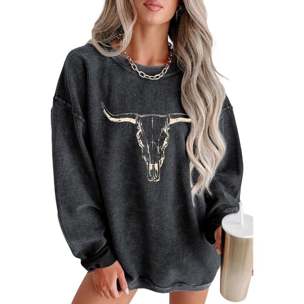 Women's Grey Cowgirl Rodeo Western Country Concert Boho Cow Skull Sweatshirt